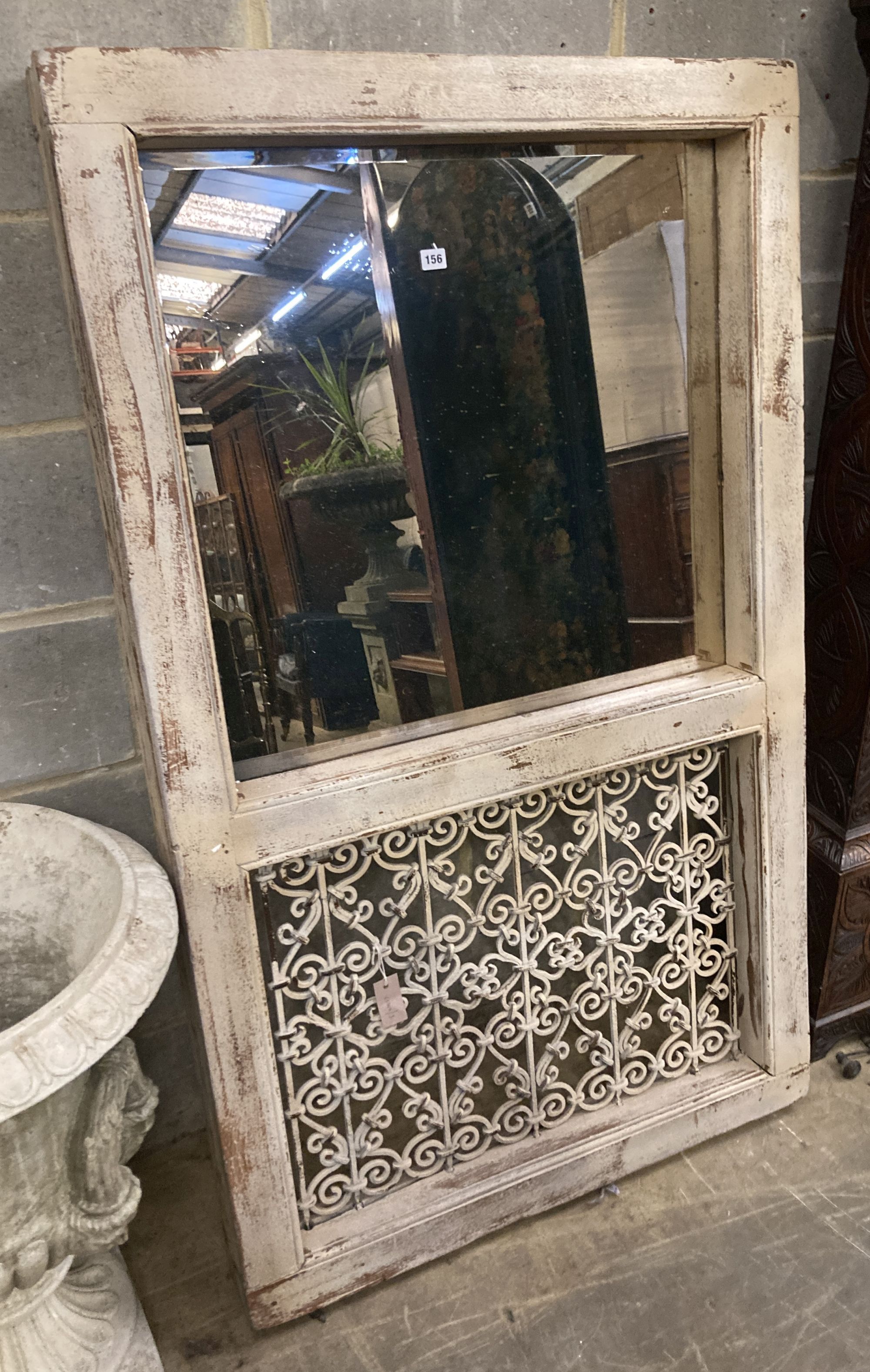 A French metal grill, painted wood wall mirror, width 91cm, height 152cm